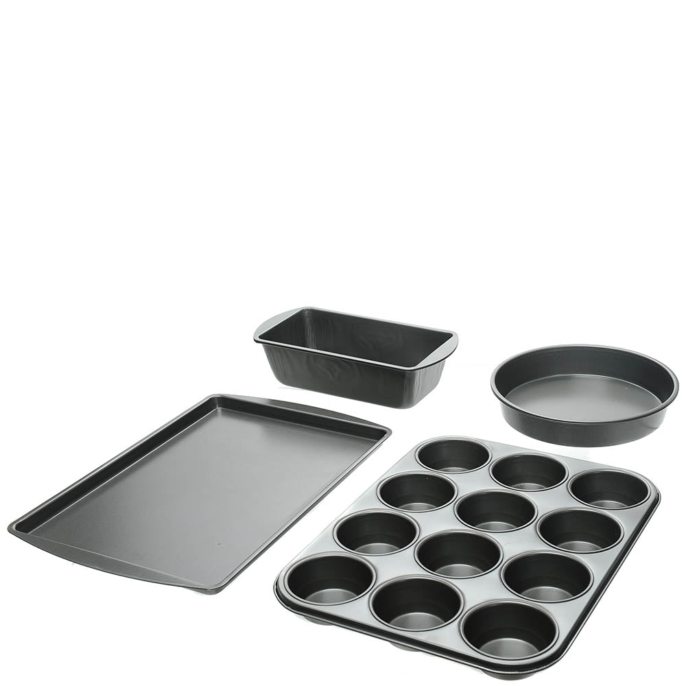 5pc Ultraslik Baking Set. 2 x 200mm Round Cake Pans, Medium Loaf Pan, 335mm Cookie Pan &
12-Cup Muffin Pan